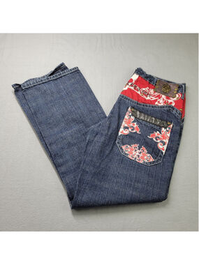 Vintage KANJI Jeans Men's 36x34 Japanese Streetwear Y2K Blue Red Floral Panels